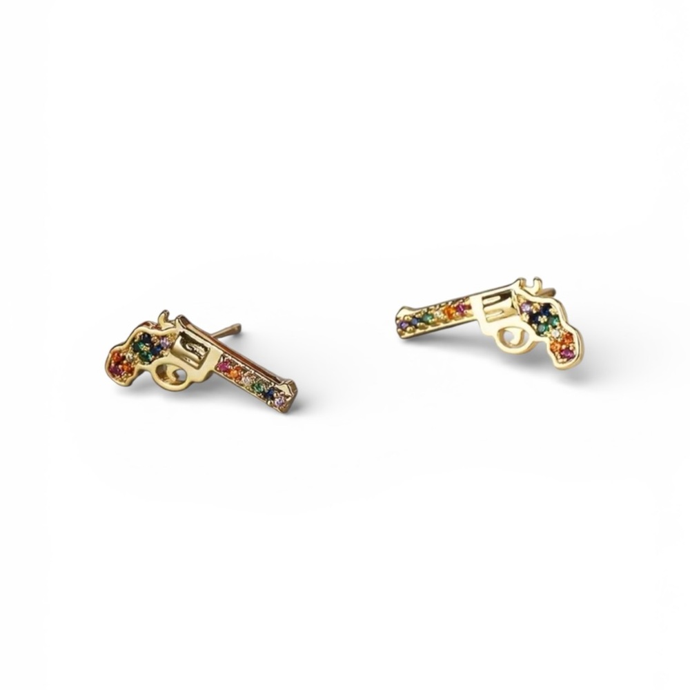 Multicolored Zircon Gold Pistol Stud Earrings